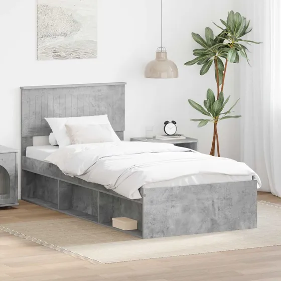 Sengestel med hovedgærde 90x190 cm – Beton grå, fyrretræ