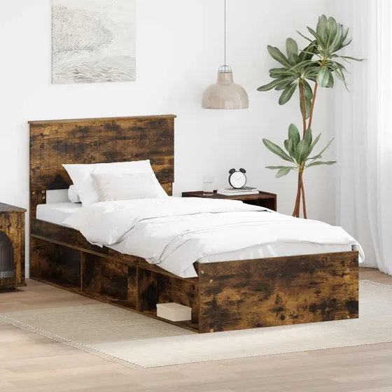 Sengestel 90x190 cm i massiv fyrretræ – røget eg