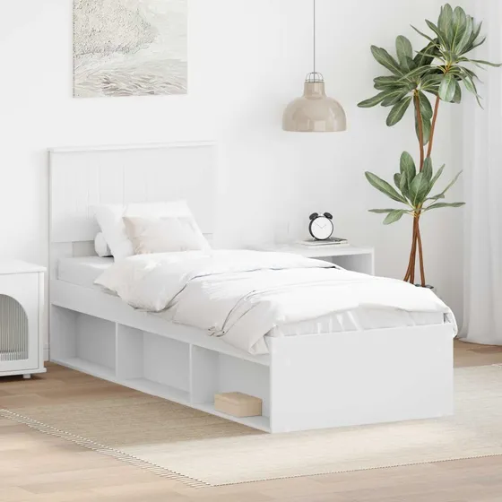 Sengestel i massivt fyrretræ med hovedgærde, hvid 75x190 cm