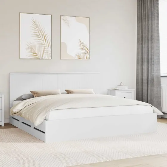 Sengestel med skuffe 200x200 cm - Hvid konstrueret træ