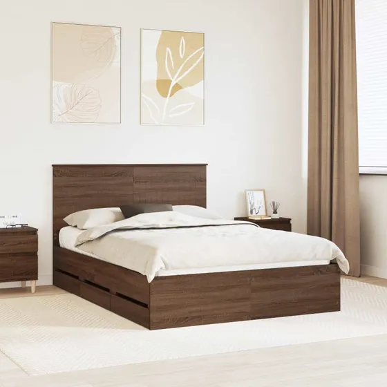 Sengestel med skuffe – Brun eg 135x190 cm (Ingeniørtræ)