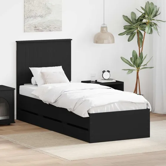Sengestel med skuffe sort 90x190 cm i ingeniørtræ