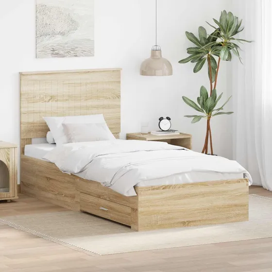 Sengestel 90x200 Sonoma eg – opbevaringsseng med hovedgærde
