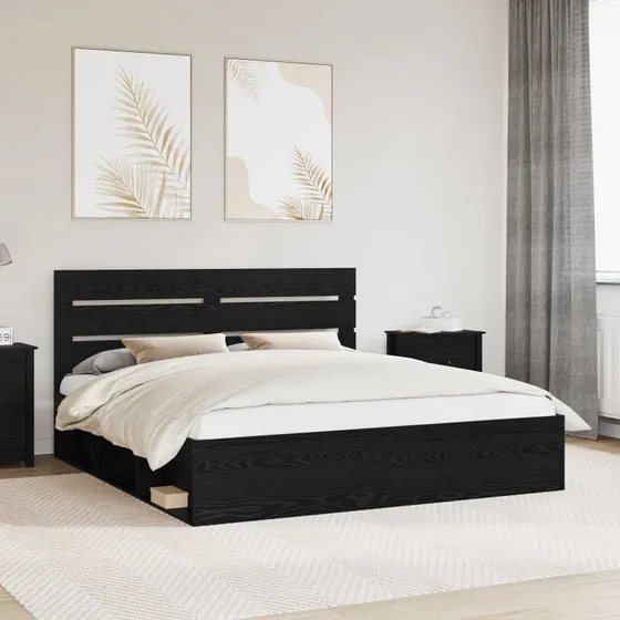 Sengestel med hovedgærde i massiv fyrretræ 200x200 cm - Sort