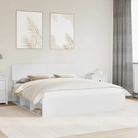 Sengestel med hovedgærde 200x200 cm – Hvidt fyrretræ