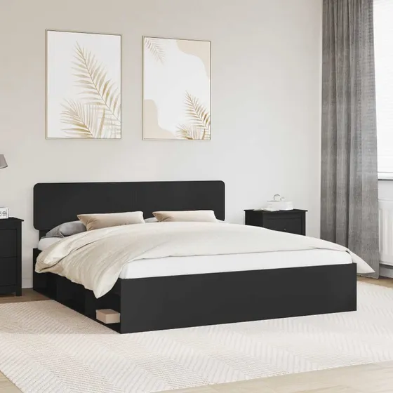 Sengestel 200x200 cm i massivt fyrretræ - Sort hovedgærde