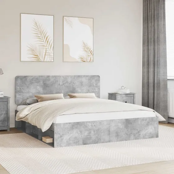 Sengestel 180x200 cm med hovedgærde — beton/massiv fyrretræ