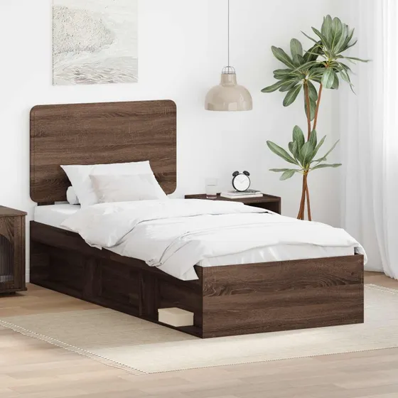 Sengestel 75x190 cm i massiv fyrretræ, brun eg finish