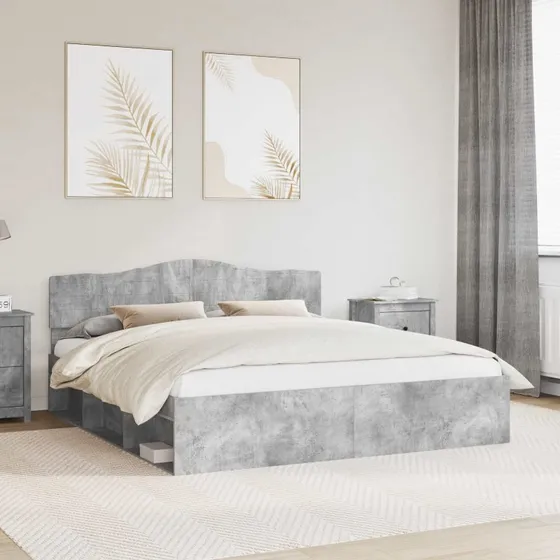 Sengestel 200x200 cm med hovedgærde – Beton, massiv fyrretræ