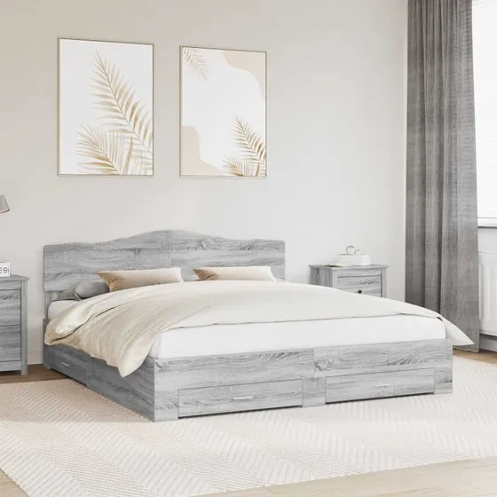 Sengestel med skuffe Grå Sonoma 200x200 cm – Konstrueret træ