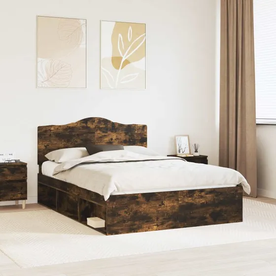 Sengestel 150x200 cm med hovedgærde – Røget eg, massivt fyr
