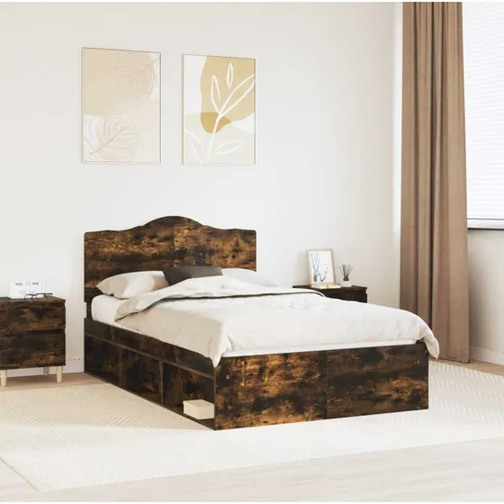 Sengestel 120x190 cm med hovedgærde – Røget eg, massivt fyrretræ