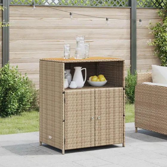 Rattan kabinet med dør og trætop, beige 70×50×87 cm