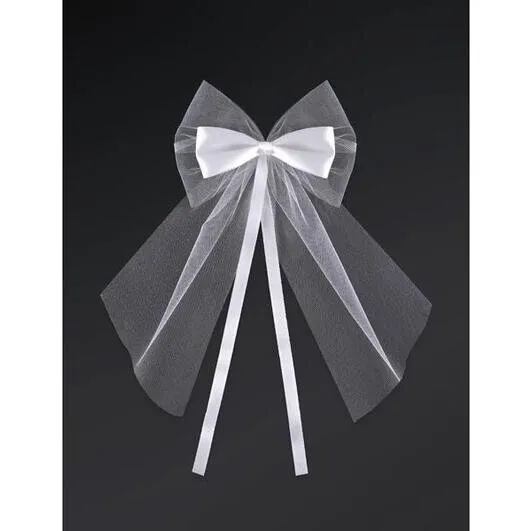 Satinsløjfe med tyl, hvid 5x14 cm – 2 stk