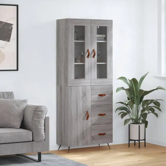 vidaXL højskab 69,5x34x180 cm, grå Sonoma-eg, 1 låge/3 skuffer