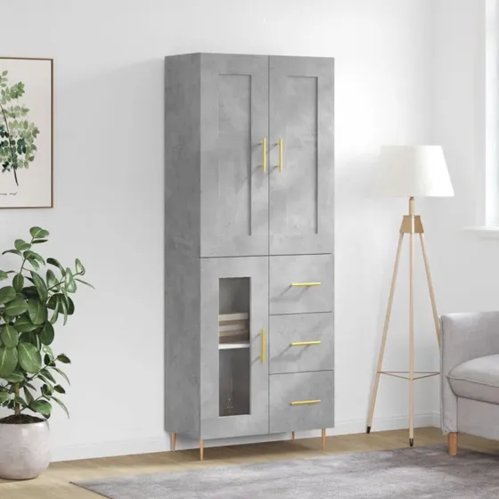 vidaXL højskab 69,5x34x180 cm betongrå (1 glaslåge, 3 skuffer)