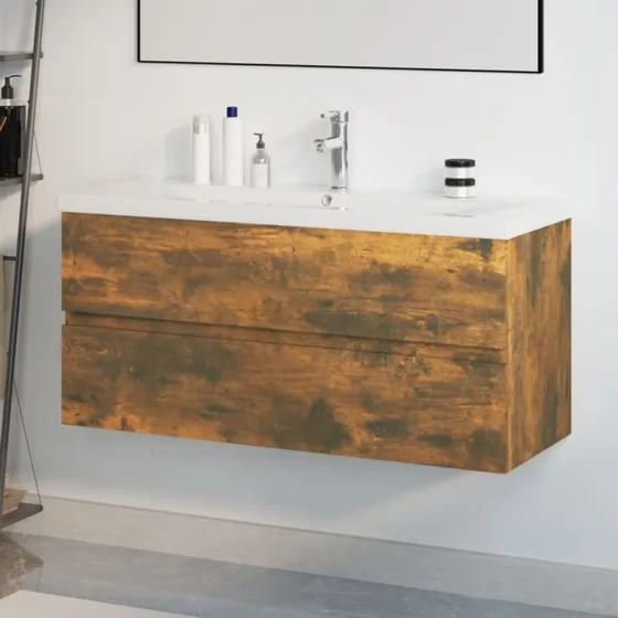 vidaXL underskab med indbygget håndvask, røget egetræ 100x38,5x45 cm