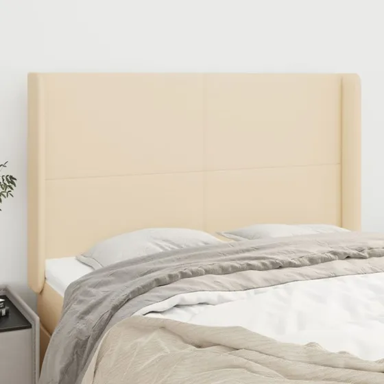 vidaXL sengegavl med kanter 147x16x118/128 cm stof cremefarvet