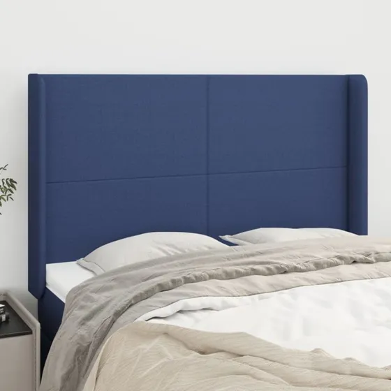 vidaXL sengegavl med kanter 147x16x118/128 cm blå stof