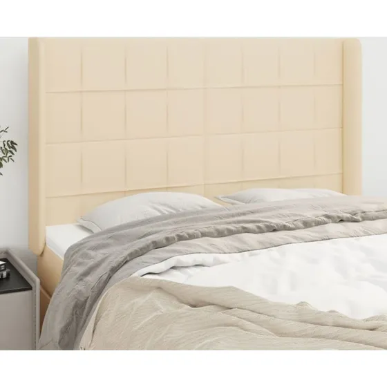 vidaXL sengegavl med kanter 147x16x118/128 cm stof cremefarvet