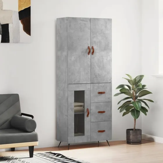 vidaXL højskab 69,5x34x180 cm betongrå, 1 glaslåge 3 skuffer