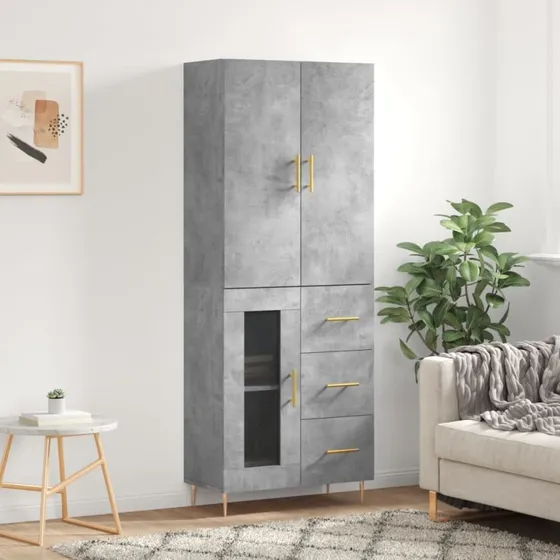 vidaXL højskab 69,5x34x180 cm konstrueret træ betongrå, glas/3 skuffer