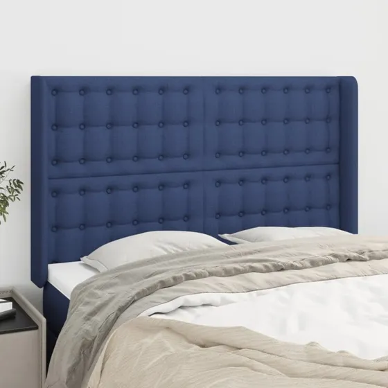 vidaXL sengegavl med kanter 147x16x118/128 cm blå stof