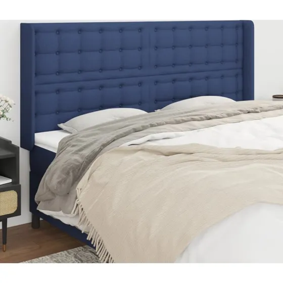 vidaXL sengegavl med kanter 203x16x118/128 cm stof blå