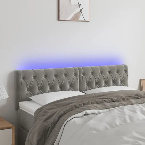 vidaXL sengegavl med LED 160x7x78/88 cm velour lysegrå