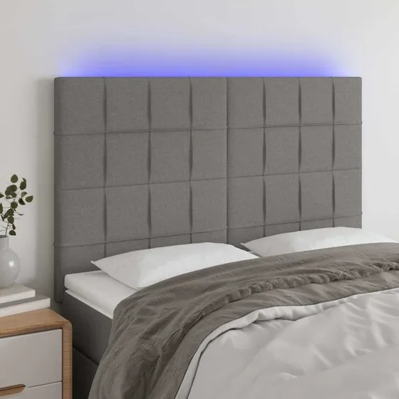 vidaXL Sengegavl med LED 144x5x118/128 cm stof mørkegrå