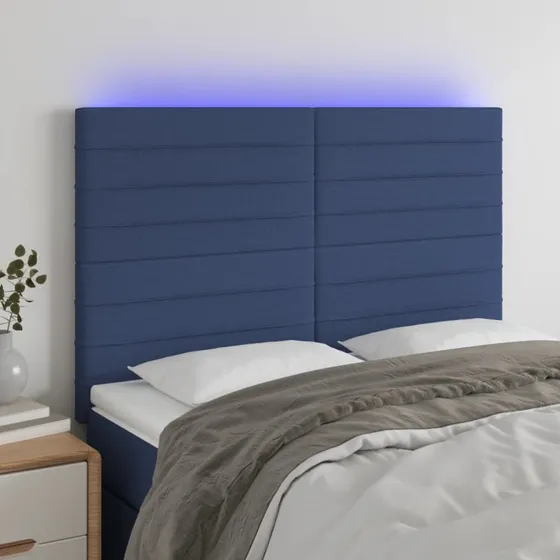 vidaXL sengegavl med LED-lys 144x5x118/128 cm blå stof