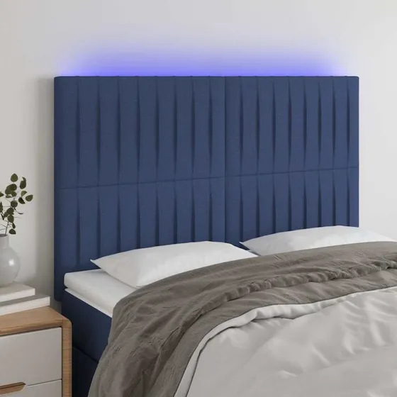 vidaXL sengegavl med LED 144x5x118/128 cm stof blå
