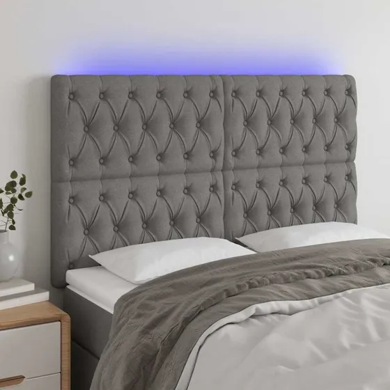 vidaXL sengegavl med LED 144x7x118/128 cm stof mørkegrå