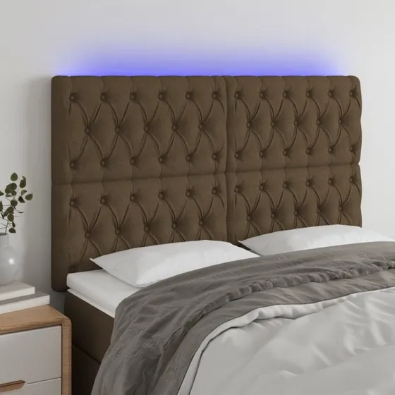 vidaXL Sengegavl med LED-lys 144x7x118/128 cm stof mørkebrun