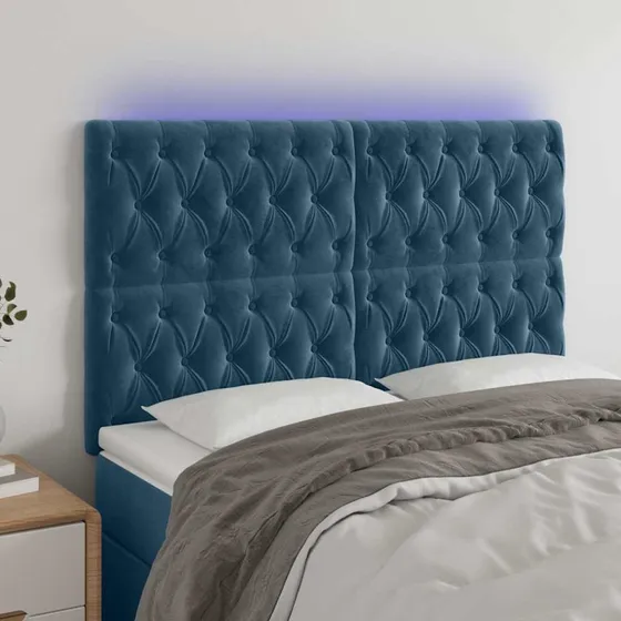 vidaXL sengegavl med LED fløjl mørkeblå 160x7x118/128 cm