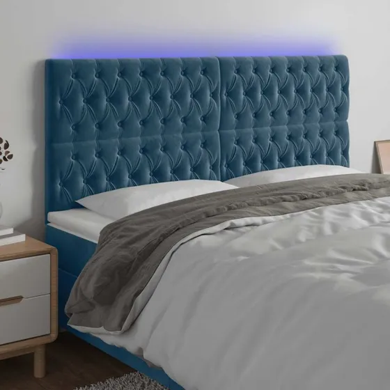 vidaXL sengegavl i fløjl med LED 180x7x118/128 cm mørkeblå