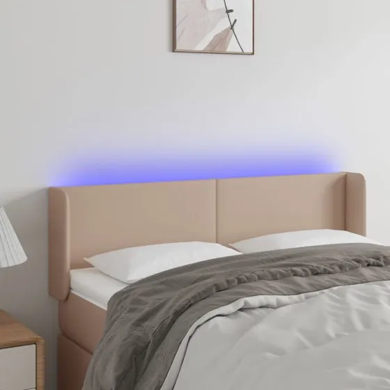 vidaXL sengegavl med LED-lys 147x16x78/88 cm kunstlæder cappuccino