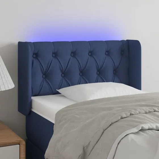 vidaXL sengegavl med LED-lys 83x16x78/88 cm blå stof