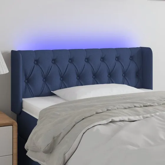 vidaXL sengegavl med LED-lys 93x16x78/88 cm blå stof