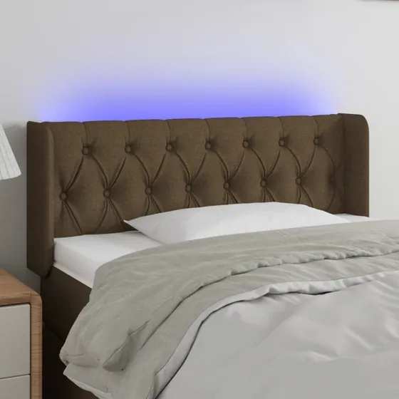 vidaXL sengegavl med LED, mørkebrun stof 103x16x78/88 cm