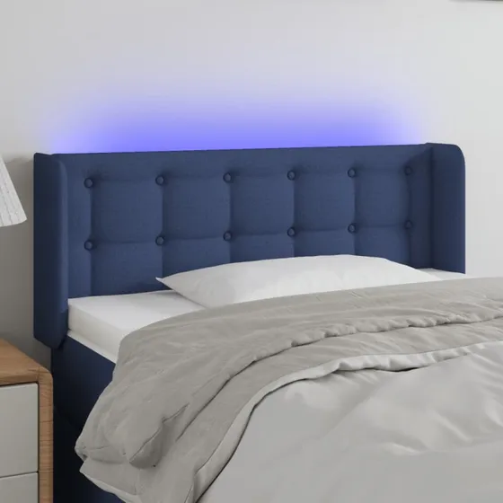 vidaXL sengegavl med LED-lys 103x16x78/88 cm blå stof