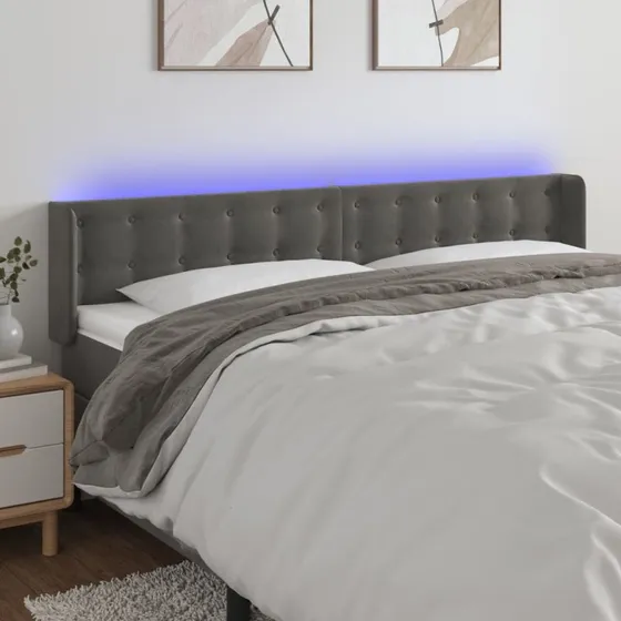 vidaXL sengegavl med LED 203x16x78/88 cm fløjl mørkegrå