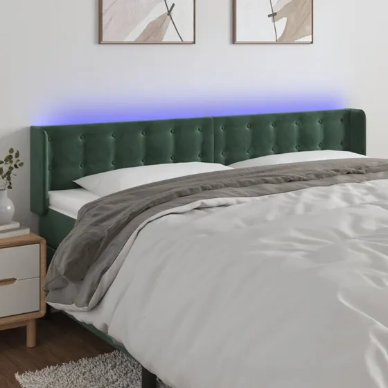 vidaXL Sengegavl med LED 203x16x78/88 cm fløjl mørkegrøn