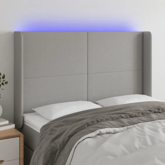 vidaXL Sengegavl med LED 147x16x118/128 cm, lysegrå