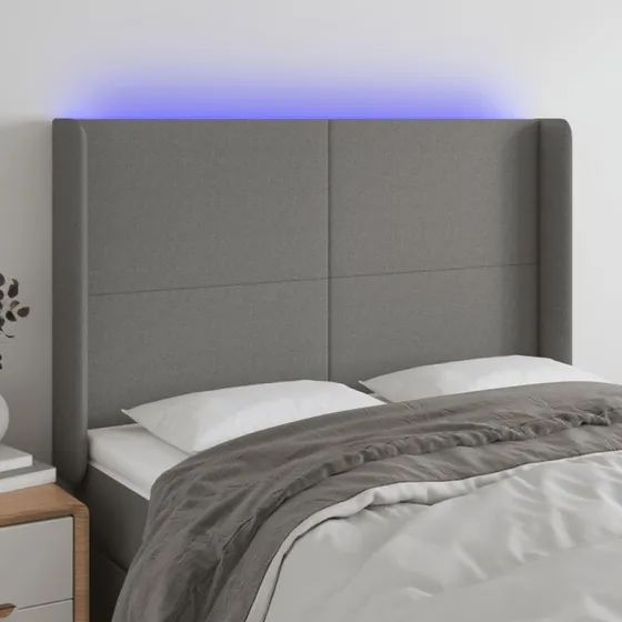 vidaXL Sengegavl med LED-lys 147x16x118/128 cm mørkegrå