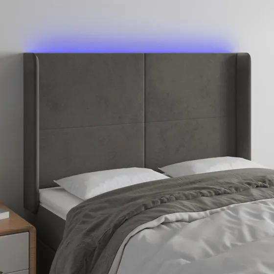 vidaXL sengegavl m. LED 147x16x118/128 cm fløjl mørkegrå