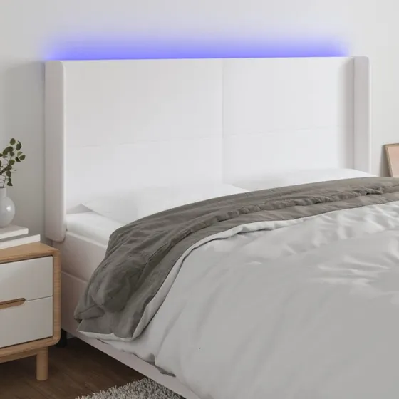vidaXL sengegavl med LED 183x16x118/128 cm kunstlæder hvid
