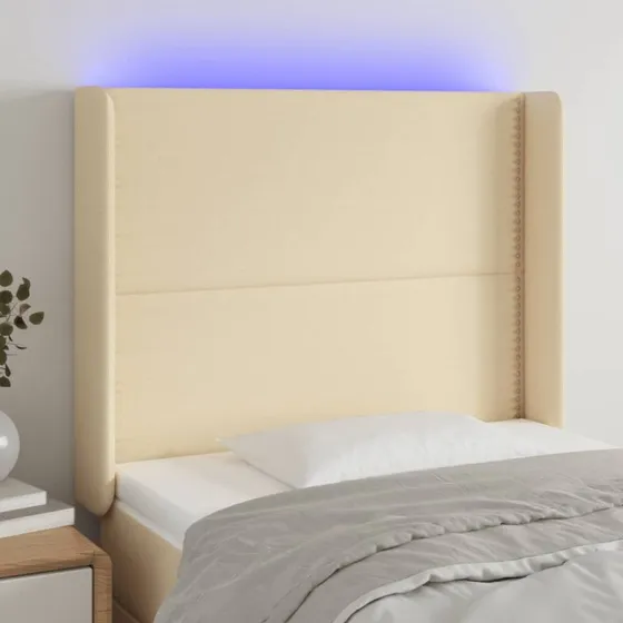 vidaXL sengegavl i stof med LED-lys 103x16x118/128 cm creme