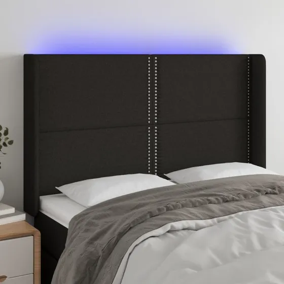 vidaXL sengegavl med LED 147x16x118/128 cm stof sort