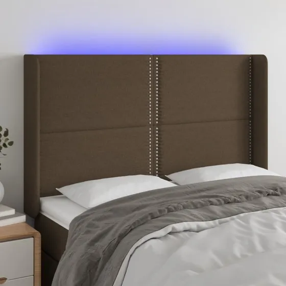 vidaXL sengegavl med LED 147x16x118/128 cm stof mørkebrun